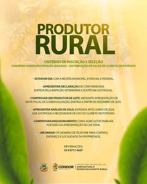 Capa Secretaria de Agricultura de Condor abre inscrições para distribuição de cloreto de potássio